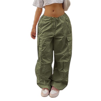 European American Women's Summer Breathable Solid Polyester Street Loose Cargo Pants Drawstring Closure Low Waisted Big Pocket