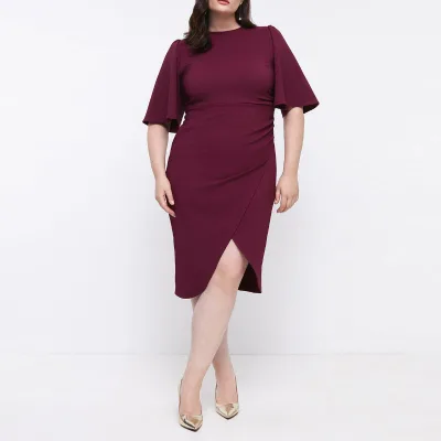 Summer Elegant Plus Size Flare Sleeve Crepe Wrap Pencil Dress Women