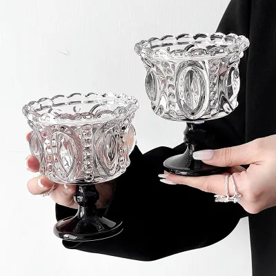 Vintage Black Crystal Ice Cream Cup INS Style High Aesthetics Classic Design Relief Dessert Glass Stemmed Snow Cone Cup