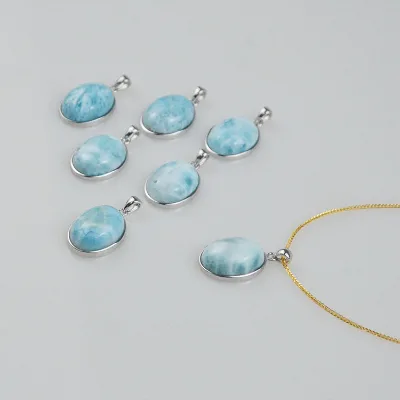 Miss Stone's Hot Sales 25mm Silver Dominica Larimar Pendant Fashionable Religious Jewelry with Oval Crystal Drop Shape