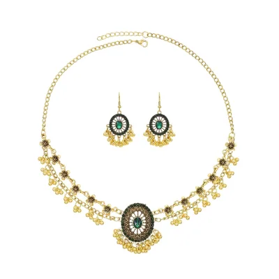Classic Indian Ethnic Style Flower Charms Bell Tassel Choker Necklace Earring Set for Women