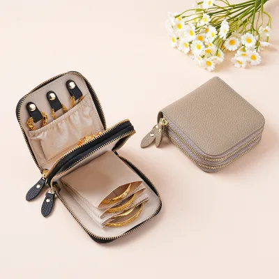 Genuine Leather Double-layer Zipper Jewelry Storage Bag with Top Layer Cowhide Portable Wallet Design Change Bag
