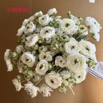 DC296 White Silk Ranunculus Artificial Flower Stem Multi Blooms Faux Buttercup for Wedding Floral Arrangement Decor