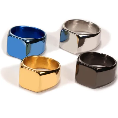 Stainless Steel Ring Black square Smooth Titanium Steel Men's Black Blue Gold Plated Engraved logo Custom Name Rings