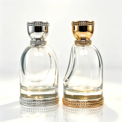 Transparent 100ml Round Glass Perfume Bottle with Oval Side-Cut Design, Gold/Silver Cap and Matching Decorative Ring Base