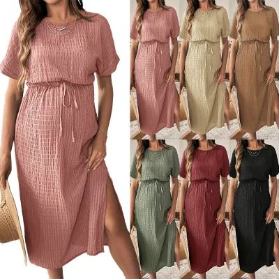Factory Wholesale/OEM Plaid Embossed Polyester Neck Lace-up Hem Side Vented Long Crewneck Short-sleeved Pregnant Women's Dress