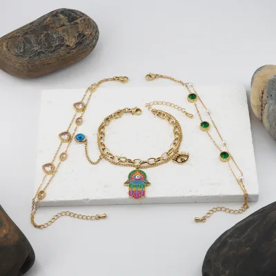 Fashion Jewelry Hamsa Hand Jewelry Luxury O Layered Heart Pearl Circular Emerald Pearl Multi-layer Chain Bracelet