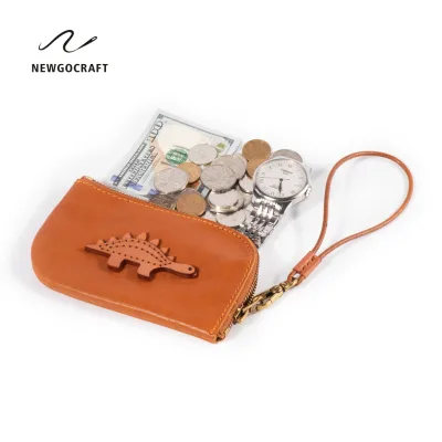 Cute Animal Pattern Zipper Genuine Leather Coin Purse Vegetable Tanned Leather Mini Wallet Handmade Portable Pouch Unisex Gift