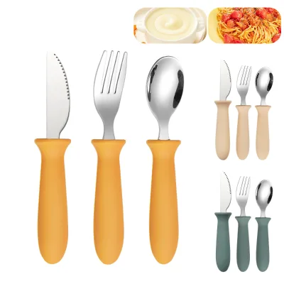 Bpa Free Soft Silicone Handle Utensils Toddler Training Fork Spoon Knife Set Stainless Steel Kids Dining Set