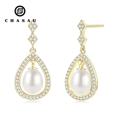 Wholesale Jewelry 5-6mm Water Drop-shaped Freshwater Pearl Vintage Full Bezel-set Diamond-shaped Drop Stud Earrings for Women