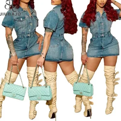 Women Short Sleeve Single Breasted Turn-down Collar Denim Bodycon Mini Dress 2024 Fashion Pencil Chic Dresses
