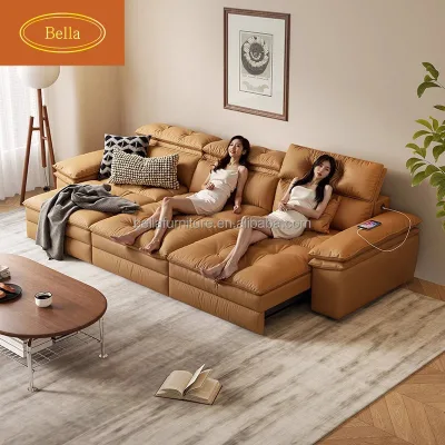Leather Sofa, Electric Sofa, Large Sofa in the Living Room, Super-sized, Straight Row, Extendable Function, Sofa Bed