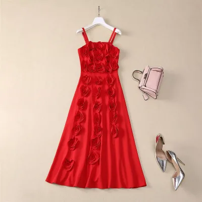 Luxury Dress 2025 Spring Summer Party Club Ladies Spaghetti Strap Appliques Flower Deco Midi Red Green Sexy Runway Fashion Dress