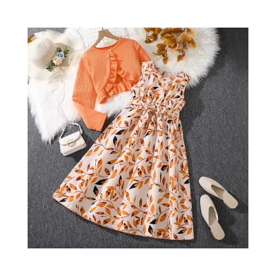 Girl Child Dresses + Long Sleeved Coat 8 - 12y Orange Girl Child Skirt Lace Bow Button Design Children Dresses Set