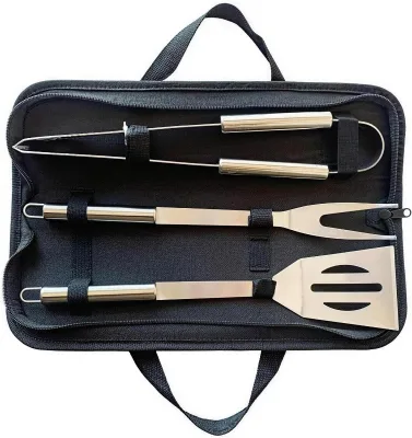 High Quality Custom Match 3 PCS BBQ Grilling Kit Stainless Steel BBQ Tool Set with Polished Finish Long Handle and Cloth Bag
