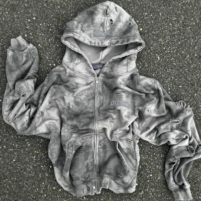 DiZNEW Zip up Hoodie Custom logo Washed Graffiti 450 Gsm Distress Hoodie 100% Cotton