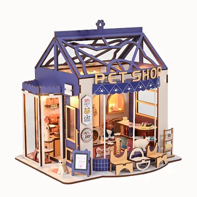 IIECREATE K-1074 Meow Talk DIY Miniature LED Kit Educational Pet Shop Toy Handmade Model Toy From Wood Material for Dollhouse