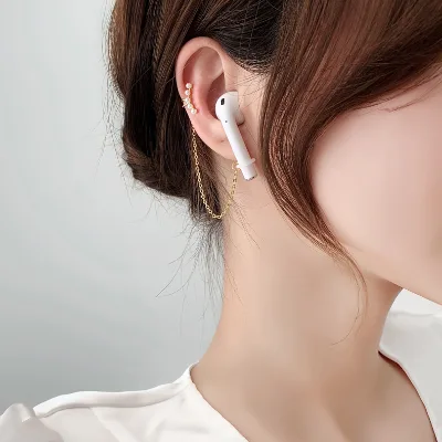 New Design Anti Dropping Meteor C Type Pearl Silver Needle Anti Loss Headphones Chain Cuff Earrings