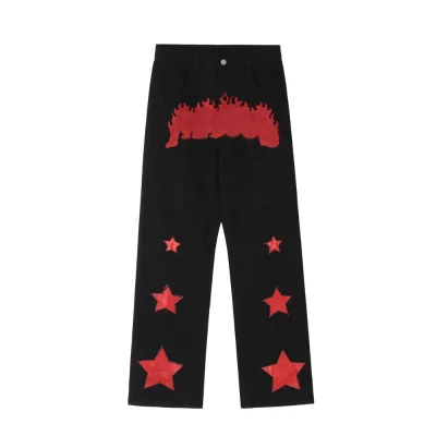 Manufacturers Custom High Quality Mens Jeans Street Wear Individuality Straight Trousers Vintage Wash Applique Embroidery Jeans