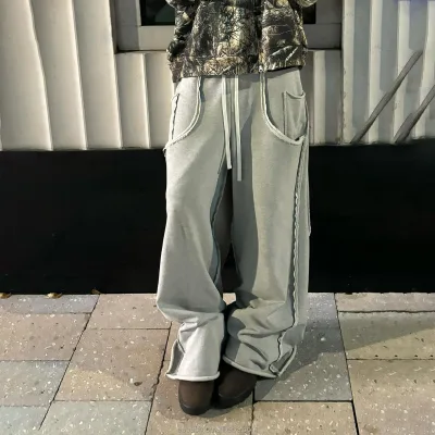 Flare Track Pants Men Heavyweight Fleece Straight Leg for Sewn Acid Wash Vintage Baggy Mid Waist Elastic Sweatpants
