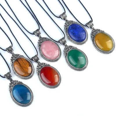 Antique Silver Plated Water Drop Natural Stone Pendant Necklace Classic Style Fashion Pendants Charms for Women Men Couples for