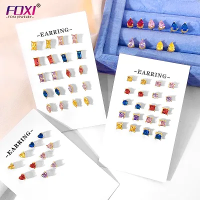 925 Silver Sparking Zircon Jewelry Heart Earrings Birthstone Square Pink Studs 4mm Round Shape Earring Pear CZ Ear Piercing