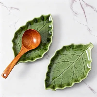 Leaf Shaped Ceramic Spoon Rest Decorative Trinket Dish Jewelry Tray for Kitchen Counter Home Table Decor