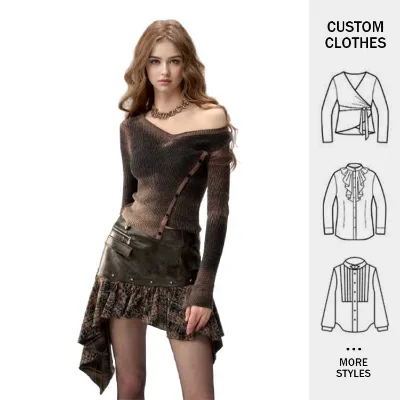 Customized Fall New Retro Fashion Temperament V-neck Gradient Knit Ribbed Long-sleeved Side-breasted Irregular Women's Tops
