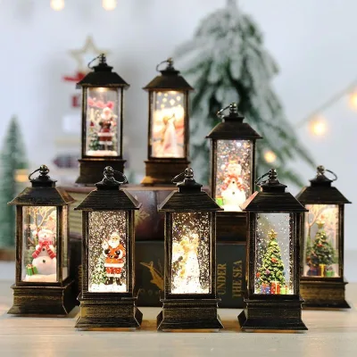 Christmas Water Glitter Lantern Santa Snowman Tree Vintage Bronze LED Snow Globe Hanging Lamp Battery Operated Decor