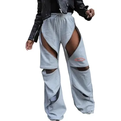 Custom Y2k Patchwork Wide Leg Pants Streetwear Cut Out Ripped Multi Zipper Flared Baggy Sweatpants for Women
