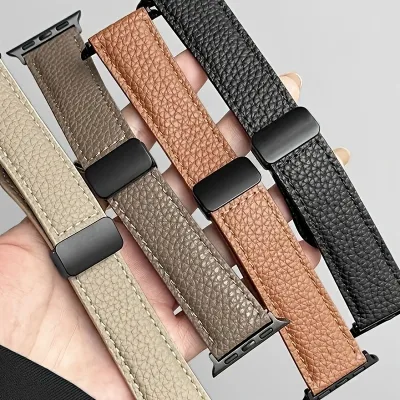 Luxury Women Men Magnet Folding Buckle Genuine Leather Smart Watch Band for Apple Watch Ultra