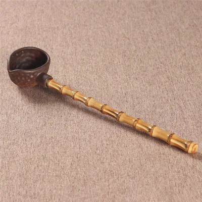 Harmony Handmade Bamboo Wooden Whip Type Crude Pottery Kongfu Cha Ladle Long Handle Large Size Spoon Water Tea for Matcha