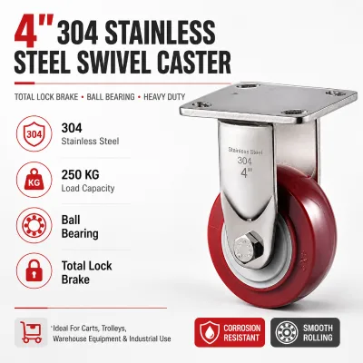 4 Inch 304 Stainless Steel Swivel Caster With Total Lock Brake Ball Bearing for Industrial Cart