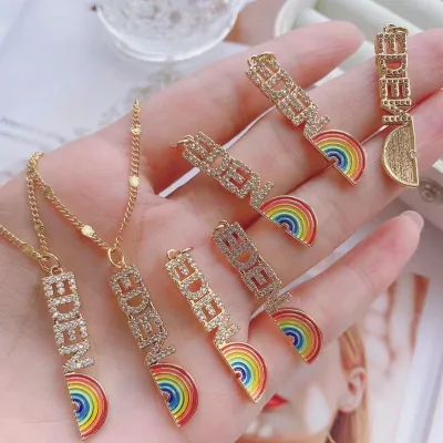 Fashion Custom color rainbow shape charms Zirconia initial Pendants for necklace jewelry making DIY