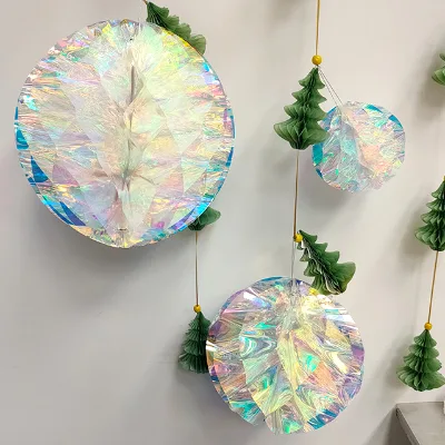 Iridescent Round Hanging Decorations with Green Tree Accents Christmas & Easter Wall Decor Plastic Ornament Set