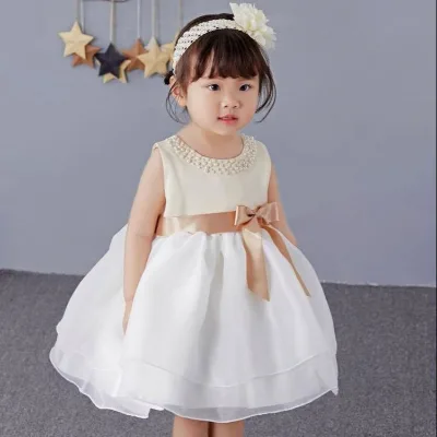Children Girls Clothing Online Champagne Lace Banquet Evening Beaded Baby Dress With Hair Band for Kids