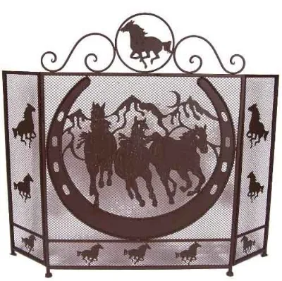 Custom Horse Pattern Fireplace Screen Accessories Wrought Iron Heavy Duty Bronze 3 Folding All Black Spark Guard Wood Burning
