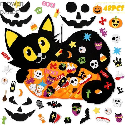 2025 New 2.95 Felt Applique Halloween Ornament Pumpkin Cat Felt Decoration Halloween DIY Felt Decoration 48PCS