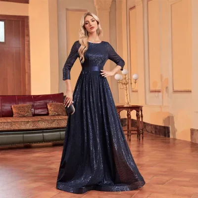 Three-quarter Sleeve Satin Dress Backless A-line Mermaid Evening Dress