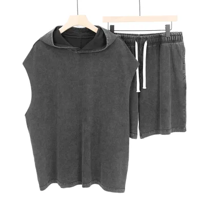 Custom Quality Summer Shorts and Sleeveless Hoodie Set 2 Pieces Gym Sports Vintage Acid Washed Shorts and Hoodie Sets