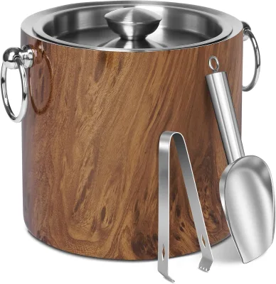 3 Liter Teakwood Parties, Chilling Wine, Champagne Keep Ice Frozen Longer 304 Stainless Steel Ice Bucket with Lid & Ice Tongs