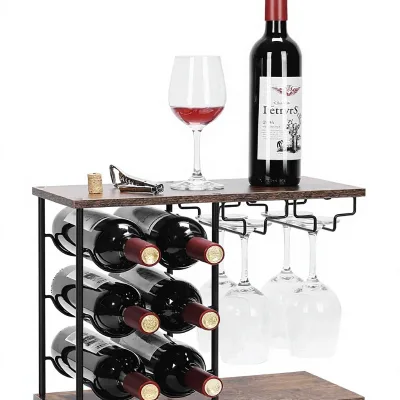 Modern Wooden Countertop Freestanding Wine Rack Glass Holder Tray for Home Bar Tabletop Kitchen Cabinet Holds 6 Bottles 4