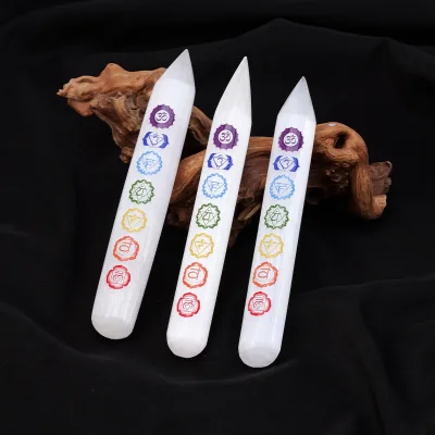 Wholesale Selenite Single Terminated Wand 7 Chakra Symbols Engraved Spiritual Meditation Gift