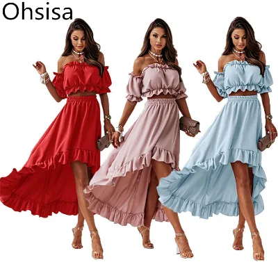 Women Crop Top Off Shoulder Dress 2 Piece Set Puff Short Sleeve Sexy Fashion Solid Color Irregular Hem Casual Long Skirt Dress