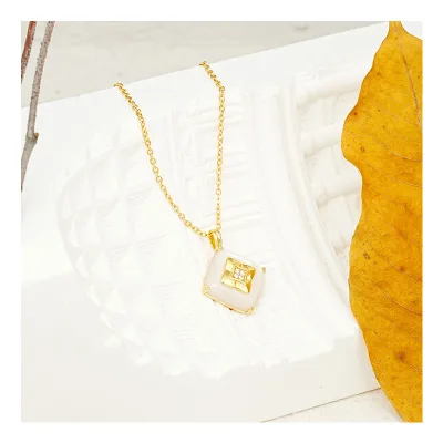 Free Video and Picture French square Necklace for Girls Geometric S925 Sterling Silver Black Agate Pendant Clavicle Chain