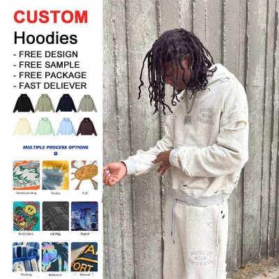 Wholesale Custom logo Vintage Wash Distressed Oversize Crop Style Cotton French Terry Hoodie and Jogger Pants Set for Streetwear