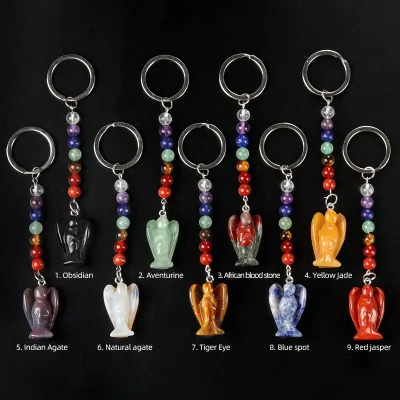 Carved Semi-Precious Stone Seven Chakra Bead Natural Crystal Angel Minerals Keychain