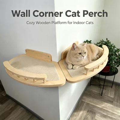 Wall Mounted Cat Corner Perch With Curved Wooden Frame and Soft Felt Mat for Indoor Cats Modern Pet Furniture