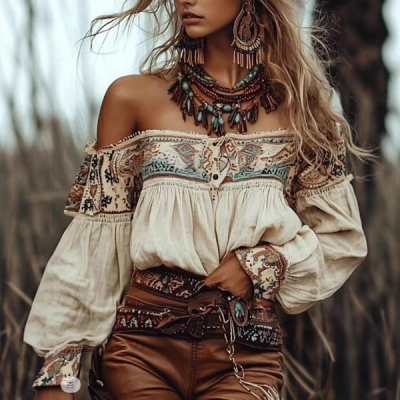 A Retro Western Ethnic Style Printed Bohemian-style Top