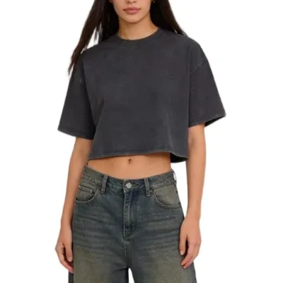 Washed Custom Color Cropped T-shirt Women Summer Vintage Loose Short Sleeve Top